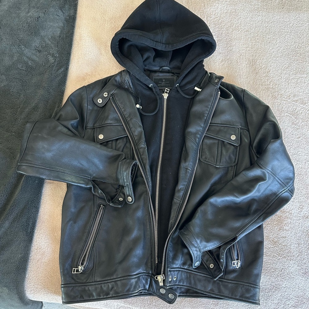 7Diamonds Mens Black Bomber Hooded Leather Jacket